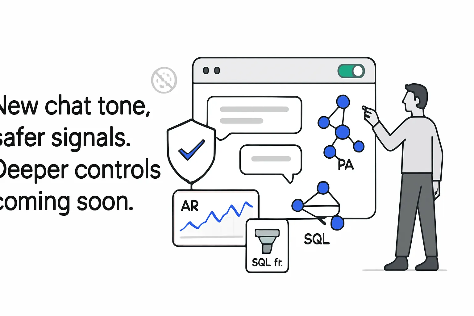 Minimalist tech illustration browser window with shield checkmark consent toggle on PA AR SQL lift