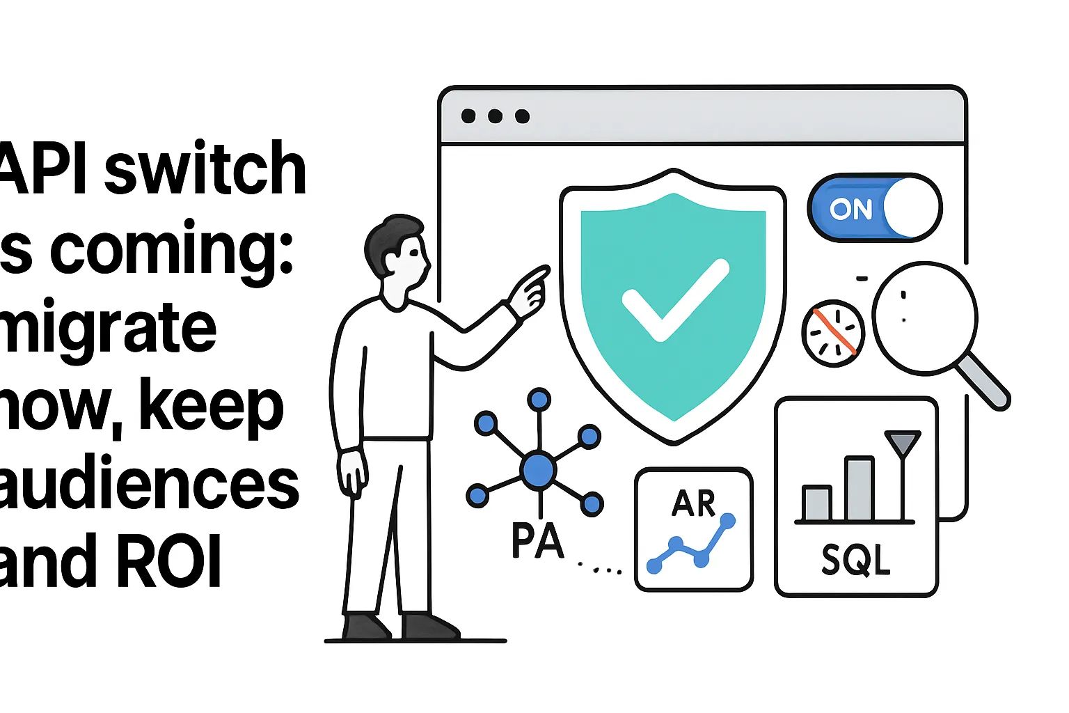 Minimalist browser showing API migration with consent toggle shield privacy analytics funnel audience nodes ROI