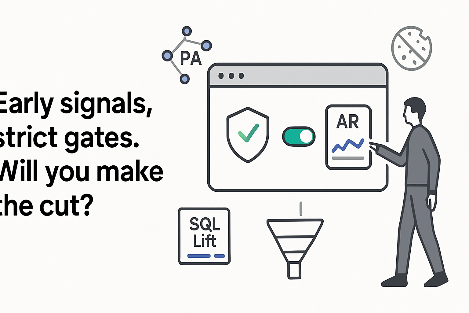 Minimalist browser illustration of privacy shield consent toggle on analytics report with user pointing