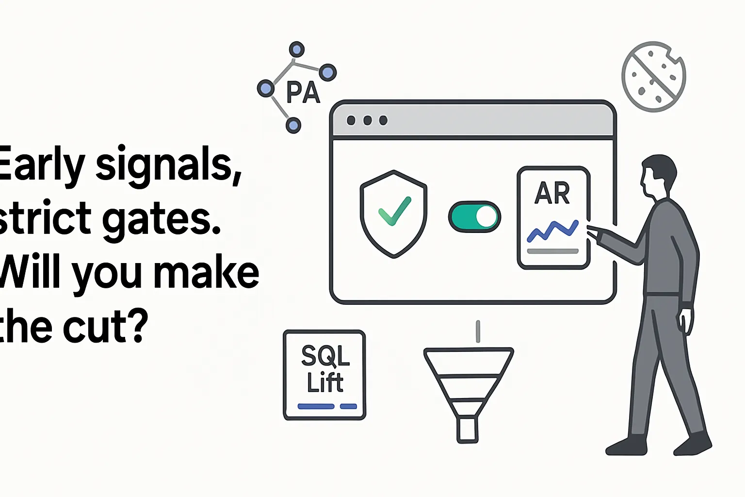 Minimalist browser illustration of privacy shield consent toggle on analytics report with user pointing
