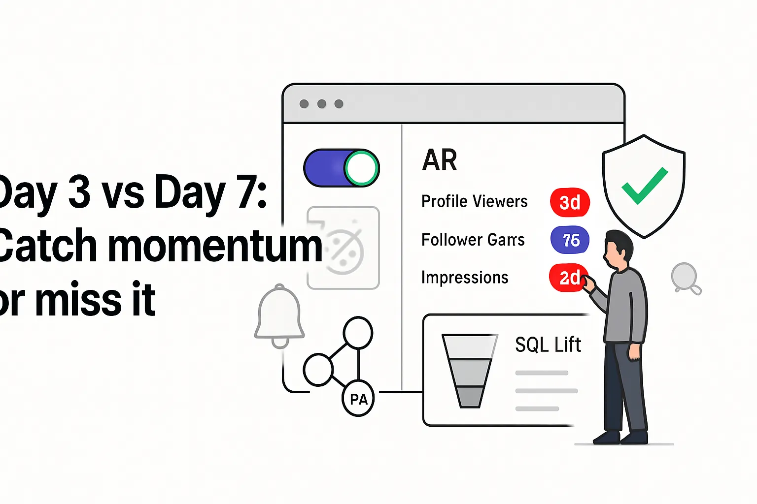 Minimalist illustration white background browser AR report consent toggle shield SQLLift character pointing 3d