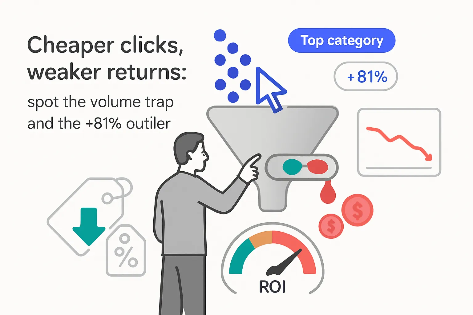 Minimalist funnel illustration showing high click volume leaking coins ROI gauge and 81 percent outlier