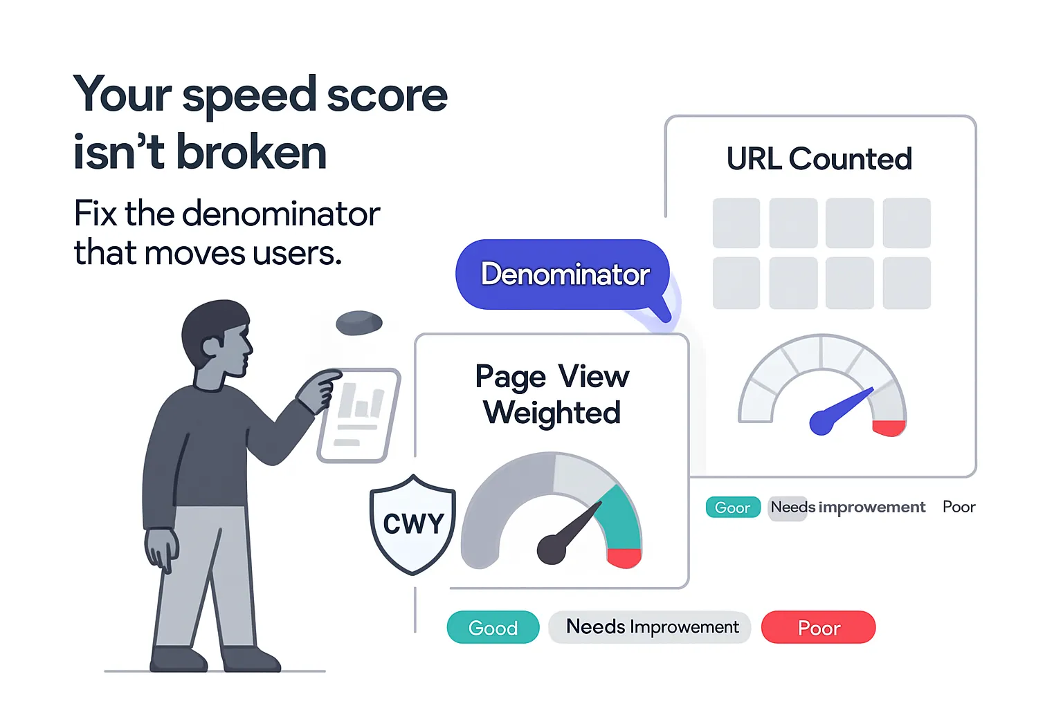 Minimalist tech illustration showing denominator toggle between page view weighted funnel and URL counted grid