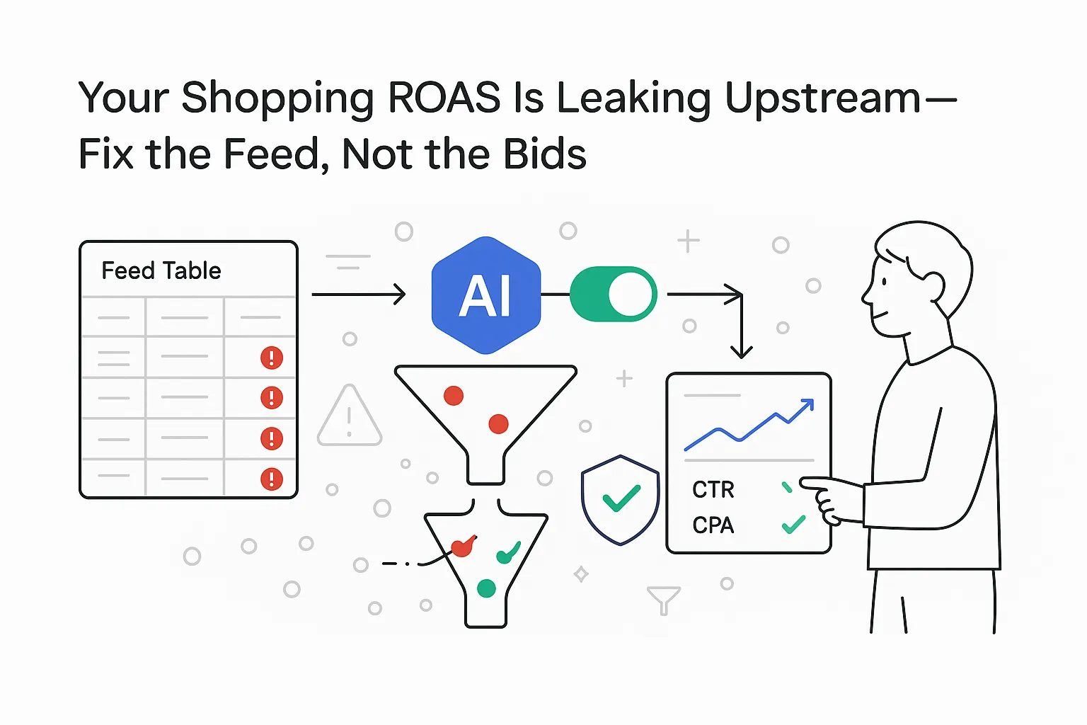 Minimalist tech illustration of product feed pipeline with alerts AI enrichment and performance metrics on white background