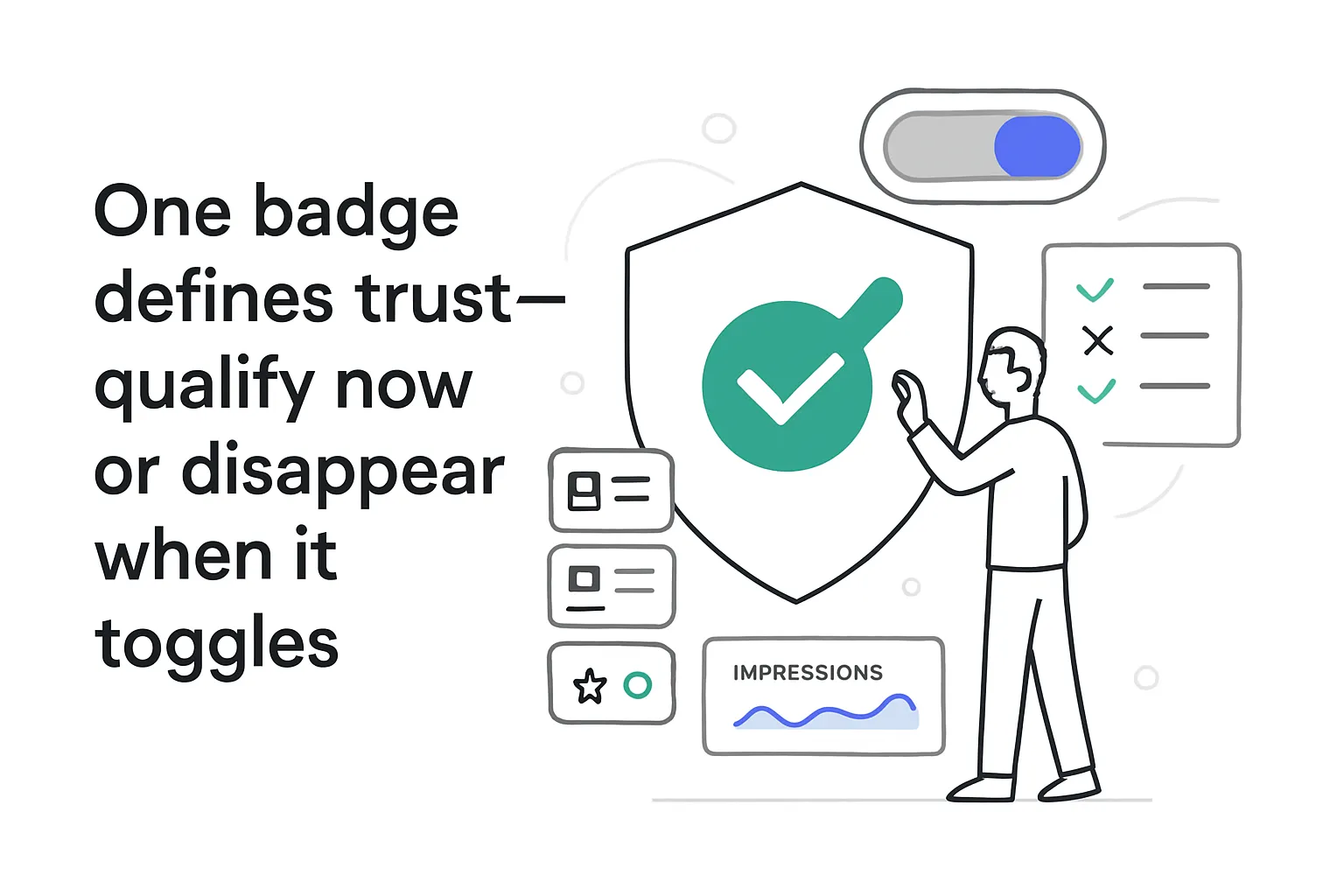 Minimalist tech illustration shield with checkmark toggle switch analytics panel funnel chips character toggling trust