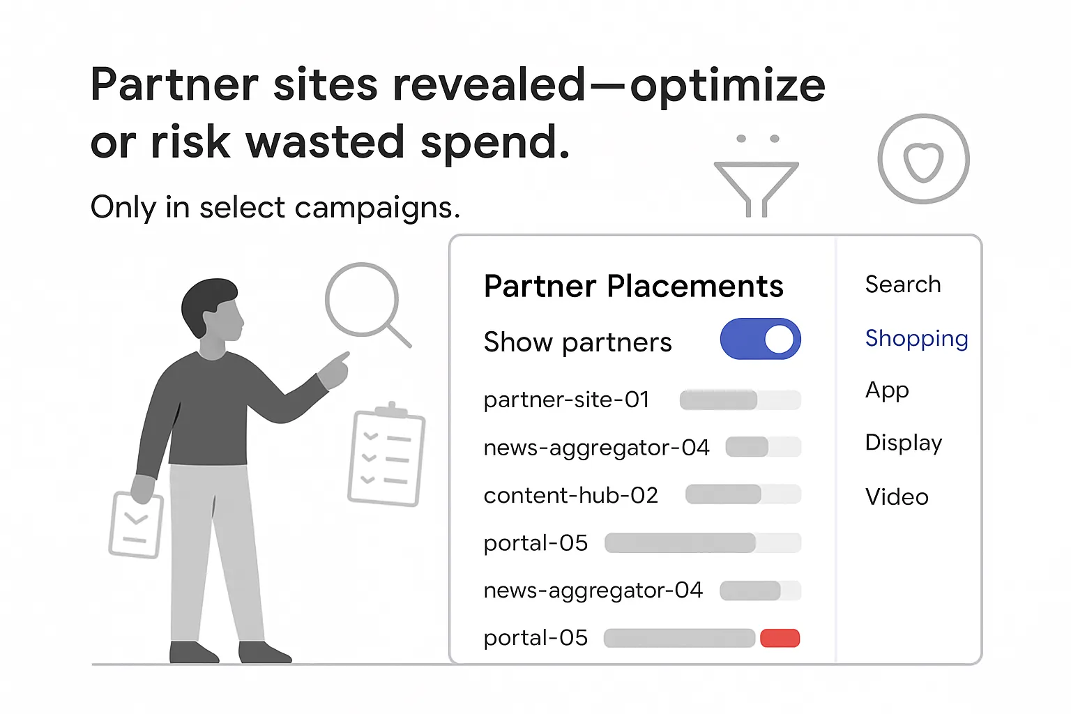 Minimalist Partner Placements report panel with show partners toggle impressions bars campaign tabs