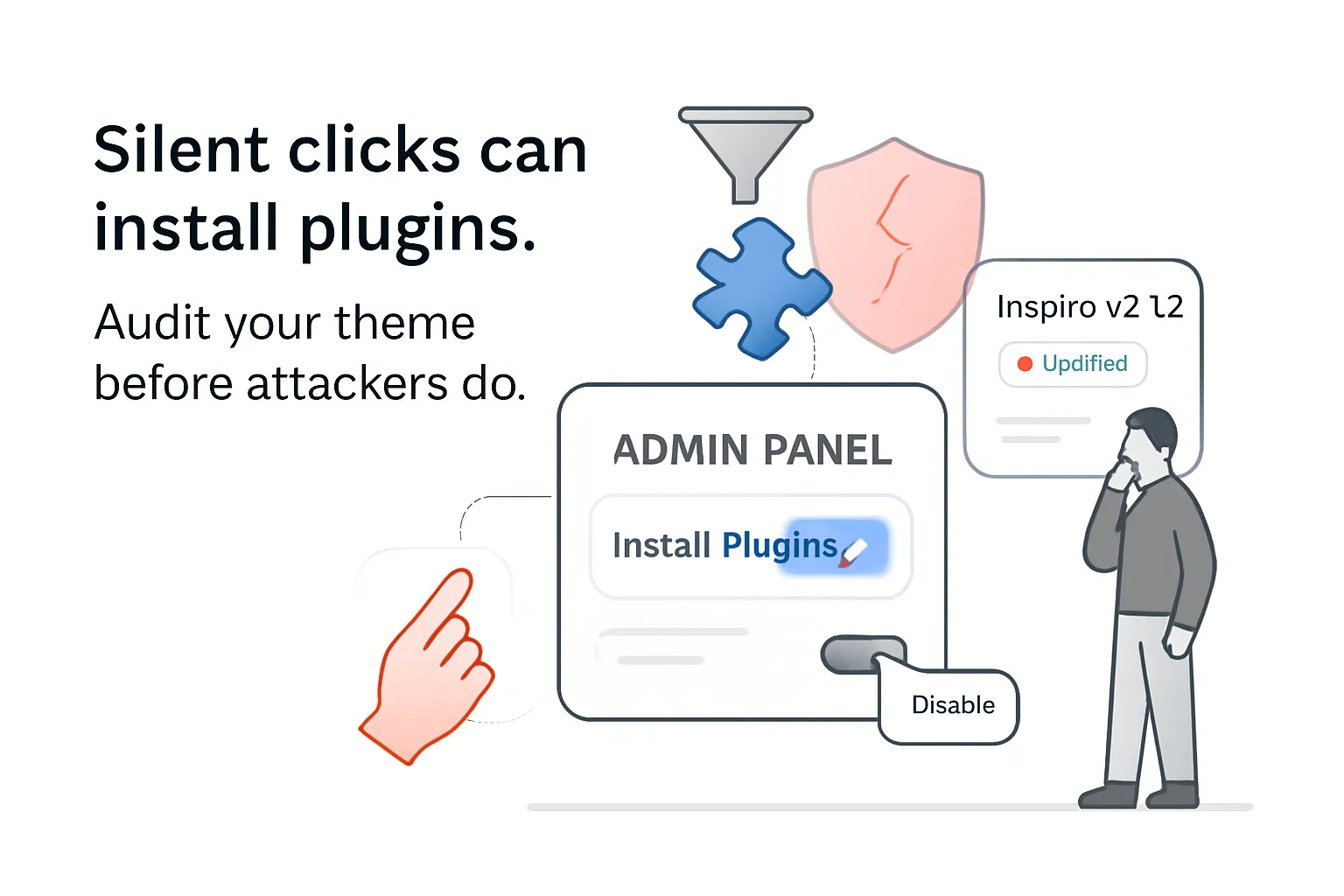 Minimalist admin panel with install plugins toggle cursor hand dropping plugin puzzle piece cracked shield