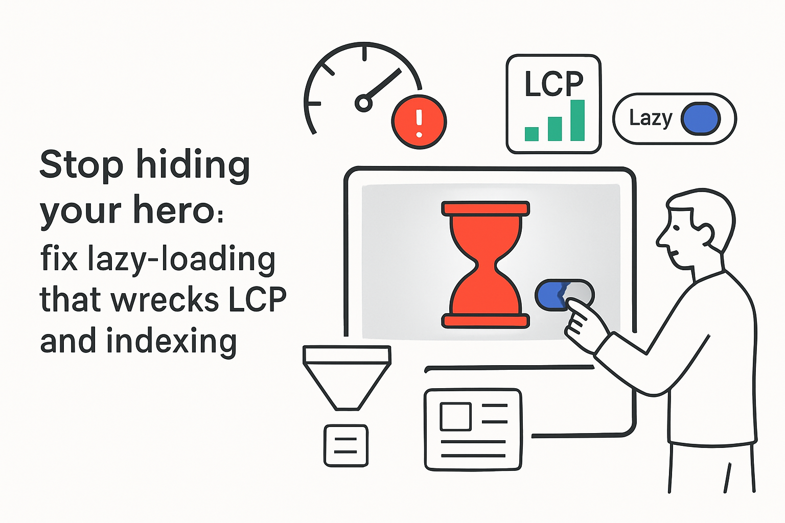 Minimalist illustration of hero image hourglass and lazy loading toggle switched off fixing LCP indexing