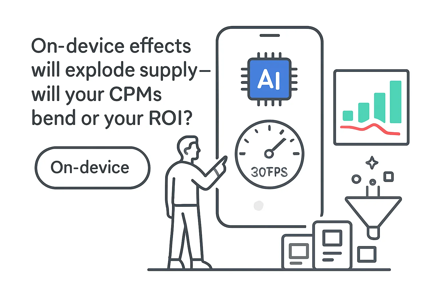 Smartphone AI chip 30 FPS dial on device toggle analytics funnel to shorts cards person