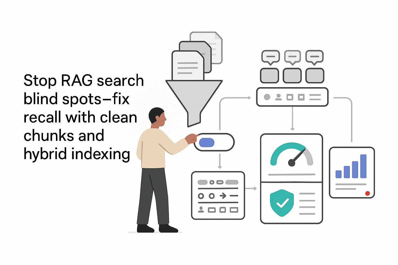 Minimalist tech illustration of RAG repair process with hybrid indexing and report panels