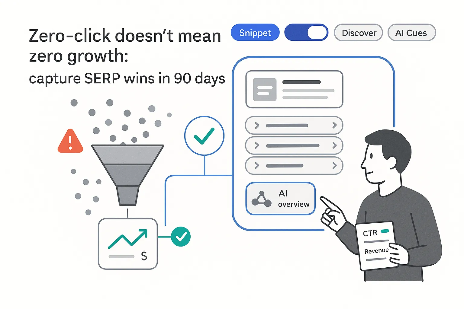 Minimalist tech illustration showing SERP results panel with toggle switches funnel revenue and a strategist pointing at AI overview