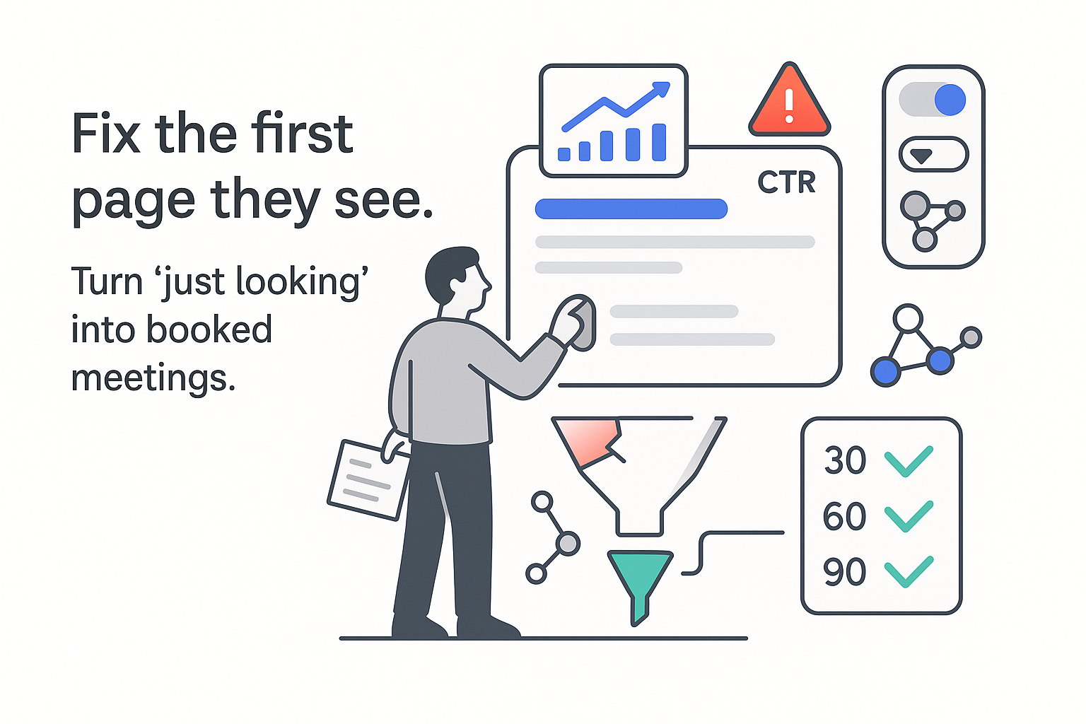 Minimalist tech illustration of search results panel with KPI dashboard toggle and human character on white background