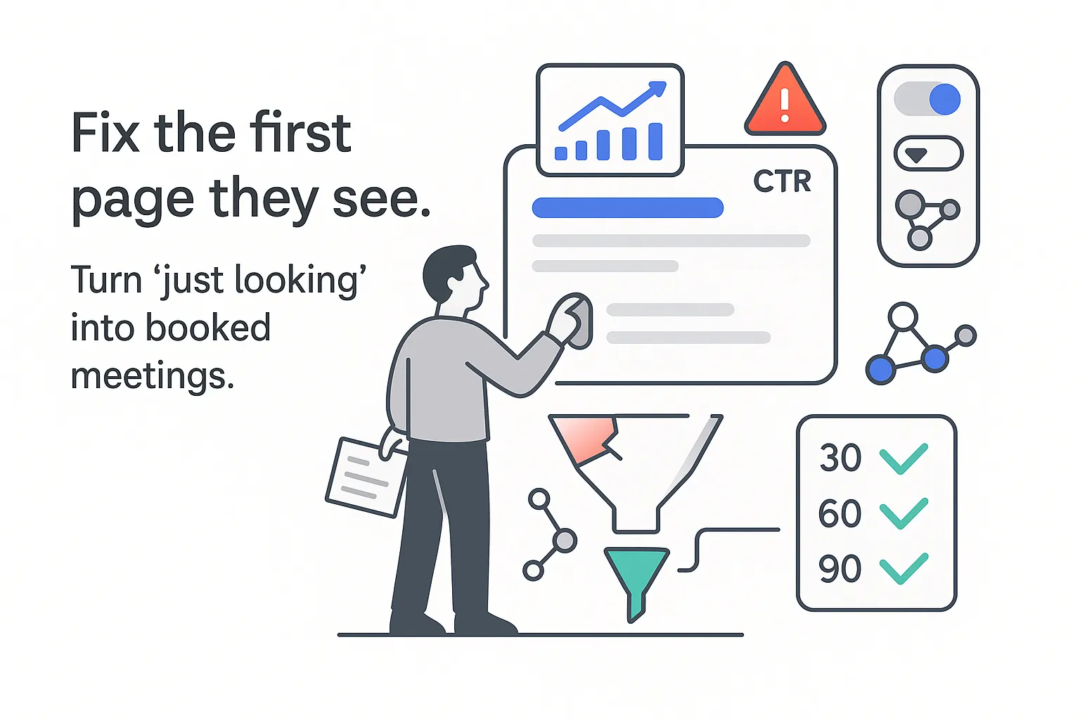Minimalist tech illustration of search results panel with KPI dashboard toggle and human character on white background