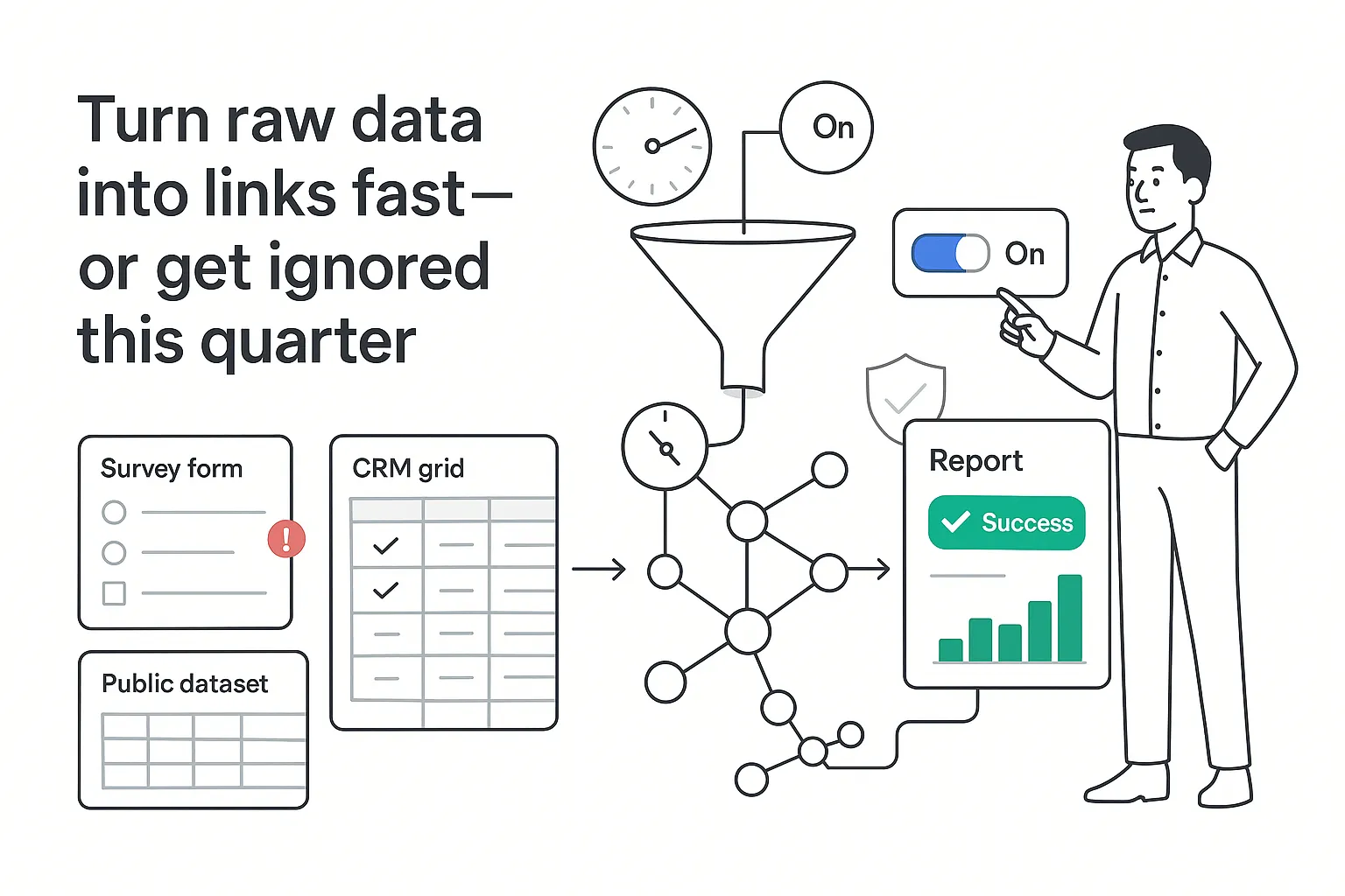 Minimalist tech illustration of data to links engine with input panels funnel report and human character on white background