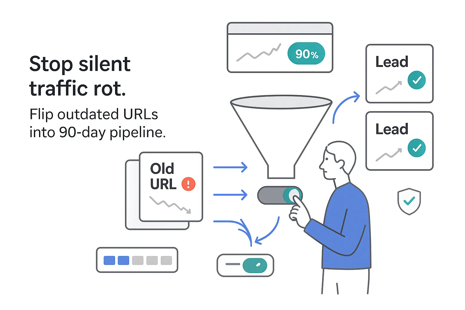 Minimalist tech illustration of URL conversion funnel with KPI panel and human toggle control on white background