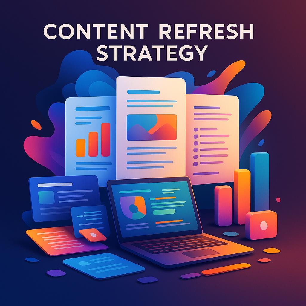 Digital documents and charts representing a content refresh workflow