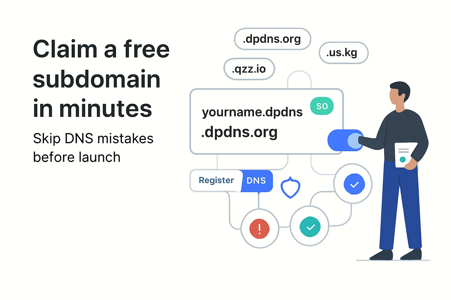 Minimalist tech illustration free subdomain domain card yourname dpdns org DNS toggle and nodes