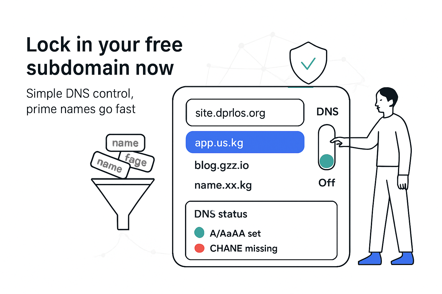 Minimalist DNS control illustration white background subdomain panel toggle and status report funnel shield character