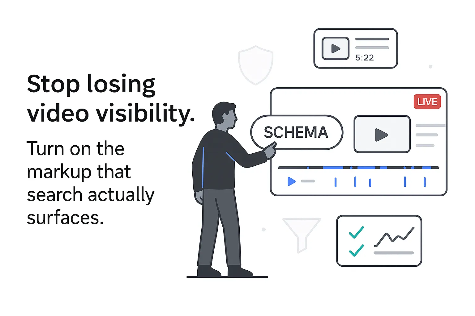 Minimalist tech illustration of a video player with schema toggle and orbiting compliance and analytics icons