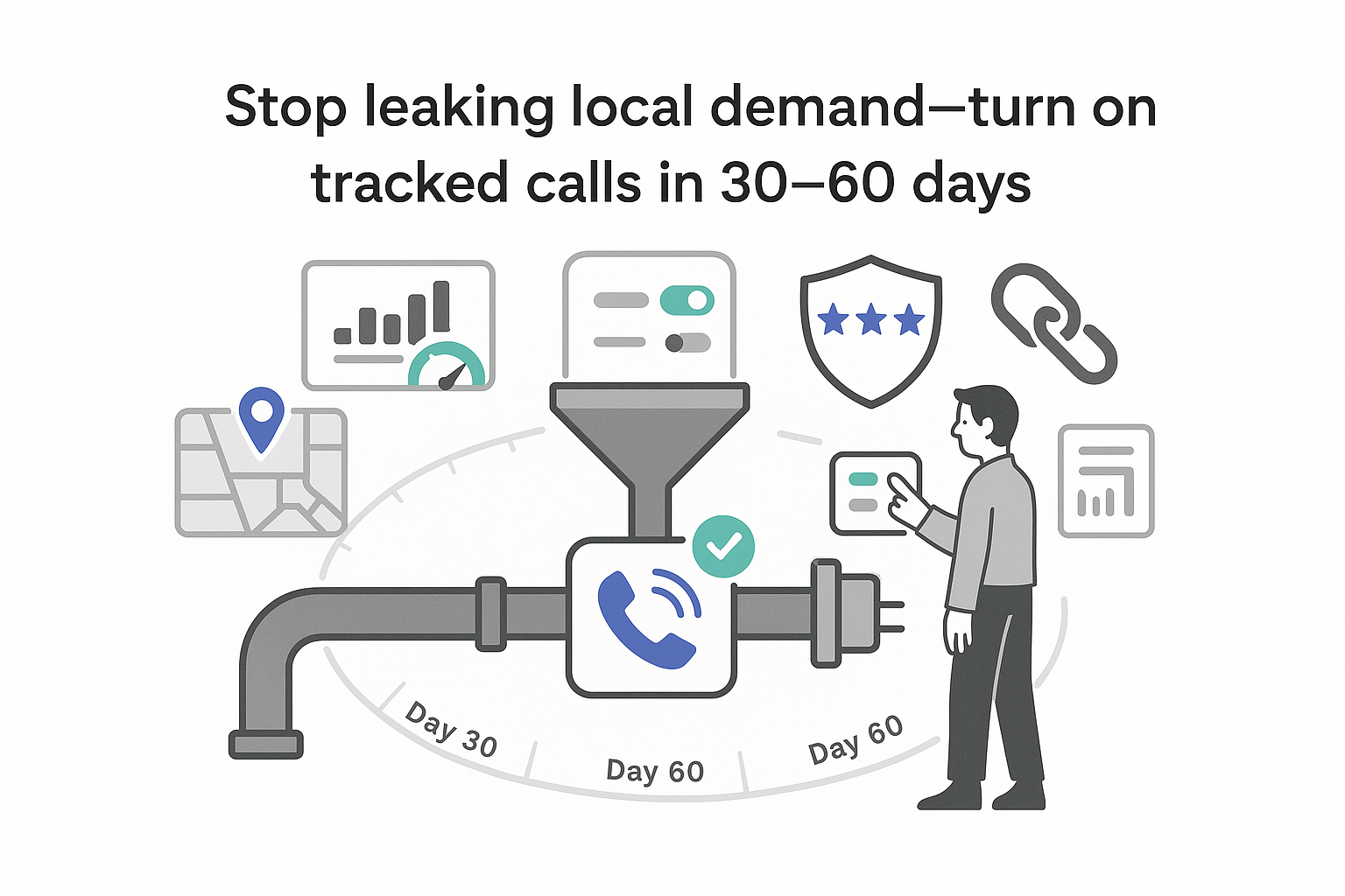 Minimalist tech illustration showing pipeline feeding a funnel with a ringing phone icon, KPI panel, review shield, city map, timeline band, and human character on white background