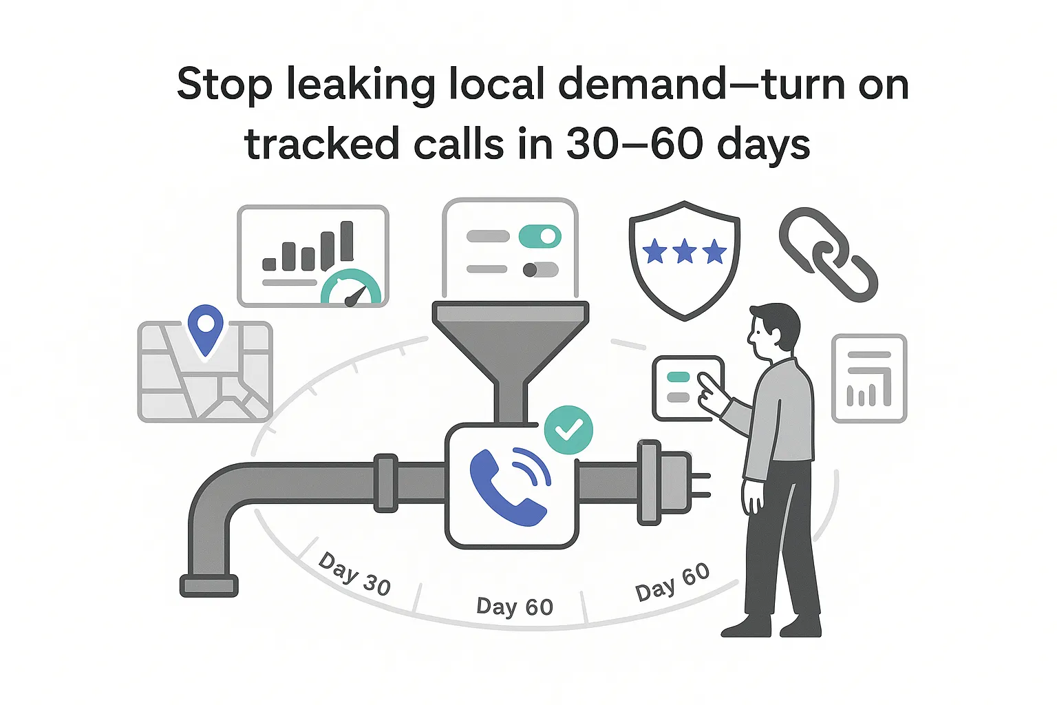 Minimalist tech illustration showing pipeline feeding a funnel with a ringing phone icon, KPI panel, review shield, city map, timeline band, and human character on white background