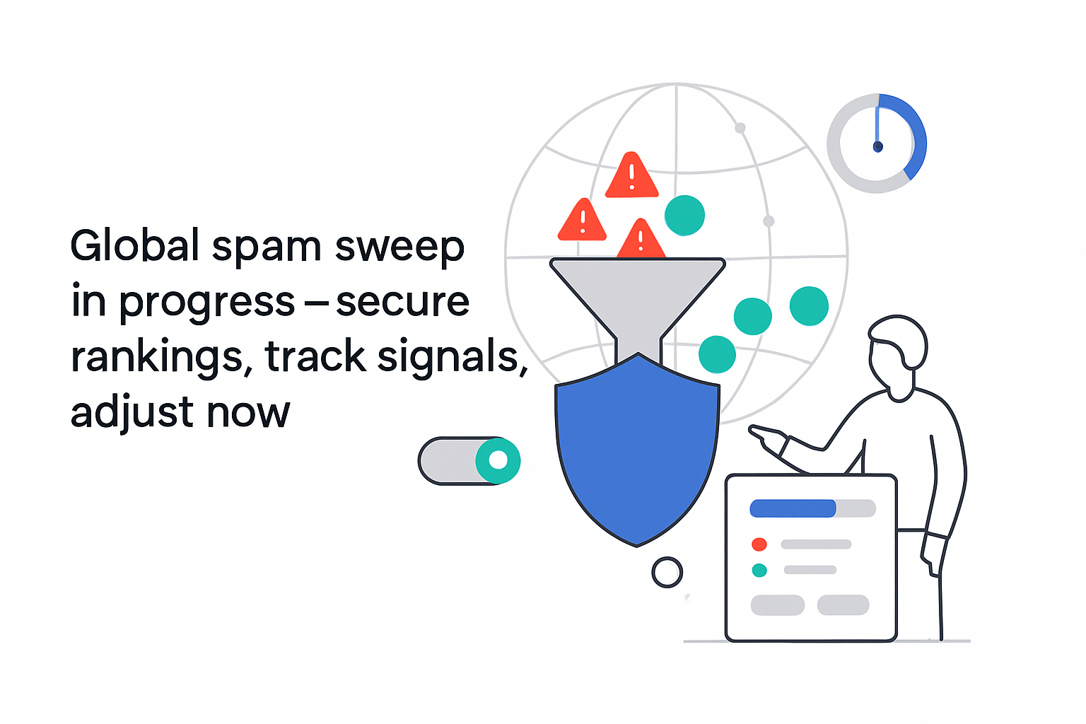 Minimalist tech illustration shield and funnel filtering spam triangles global report ring toggle secure rankings