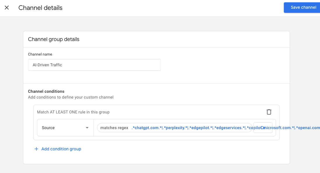 GA4 setup for tracking AI referral traffic from ChatGPT, Perplexity, and more
