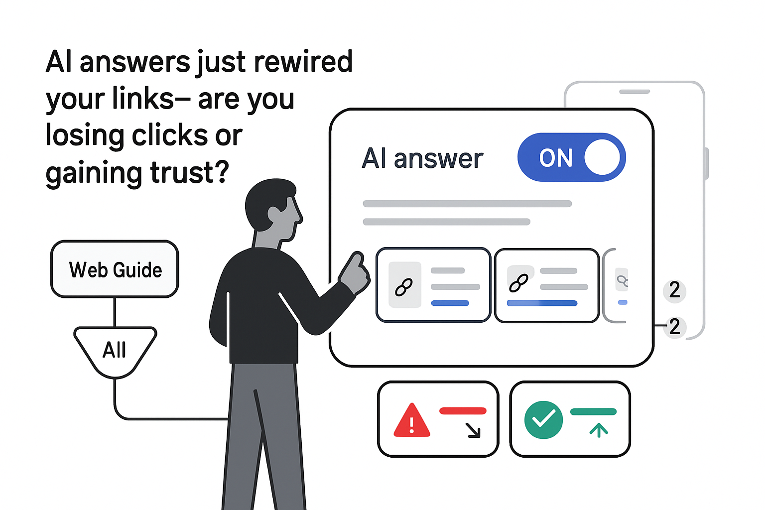 Minimalist tech illustration AI answer panel toggle link carousel source badges compact report human character