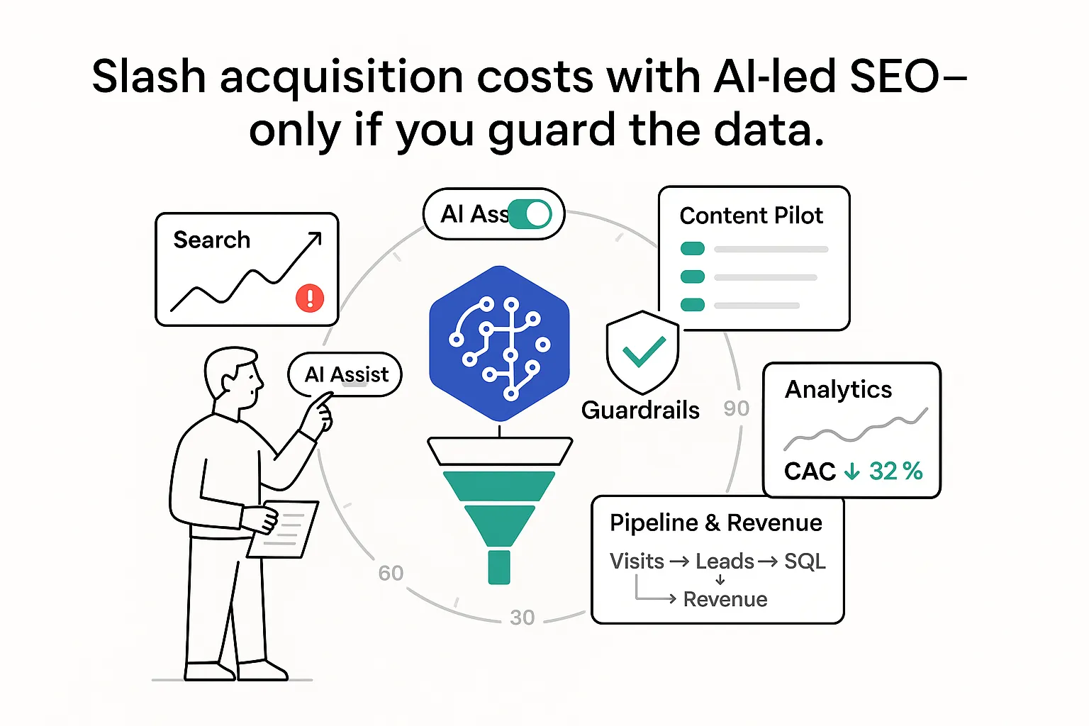 AI brain node feeding into funnel with guardrails and analytics dashboard and human reviewer