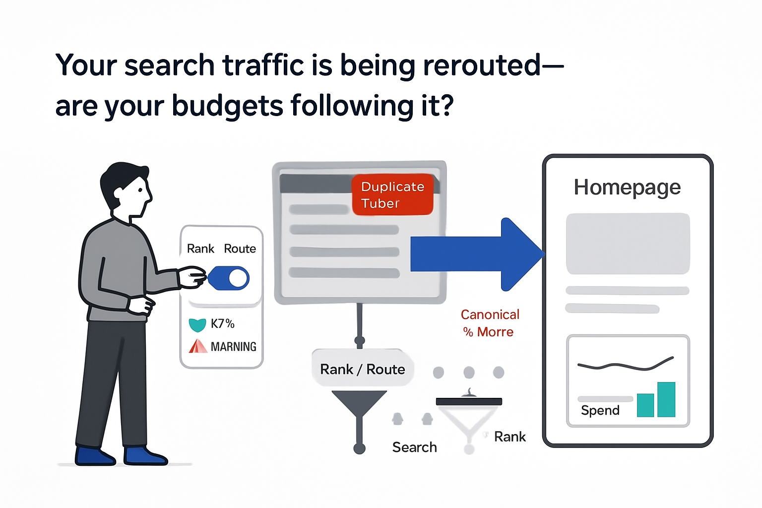 Minimalist rerouted search traffic illustration duplicate titles alert route toggle to homepage budgets rising