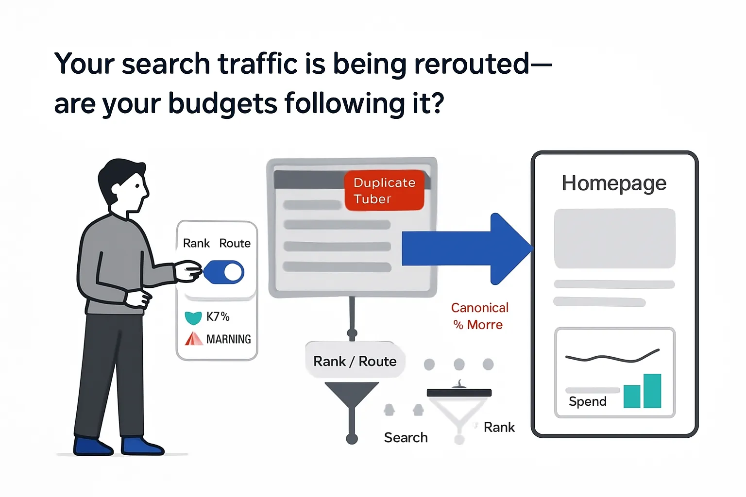Minimalist rerouted search traffic illustration duplicate titles alert route toggle to homepage budgets rising