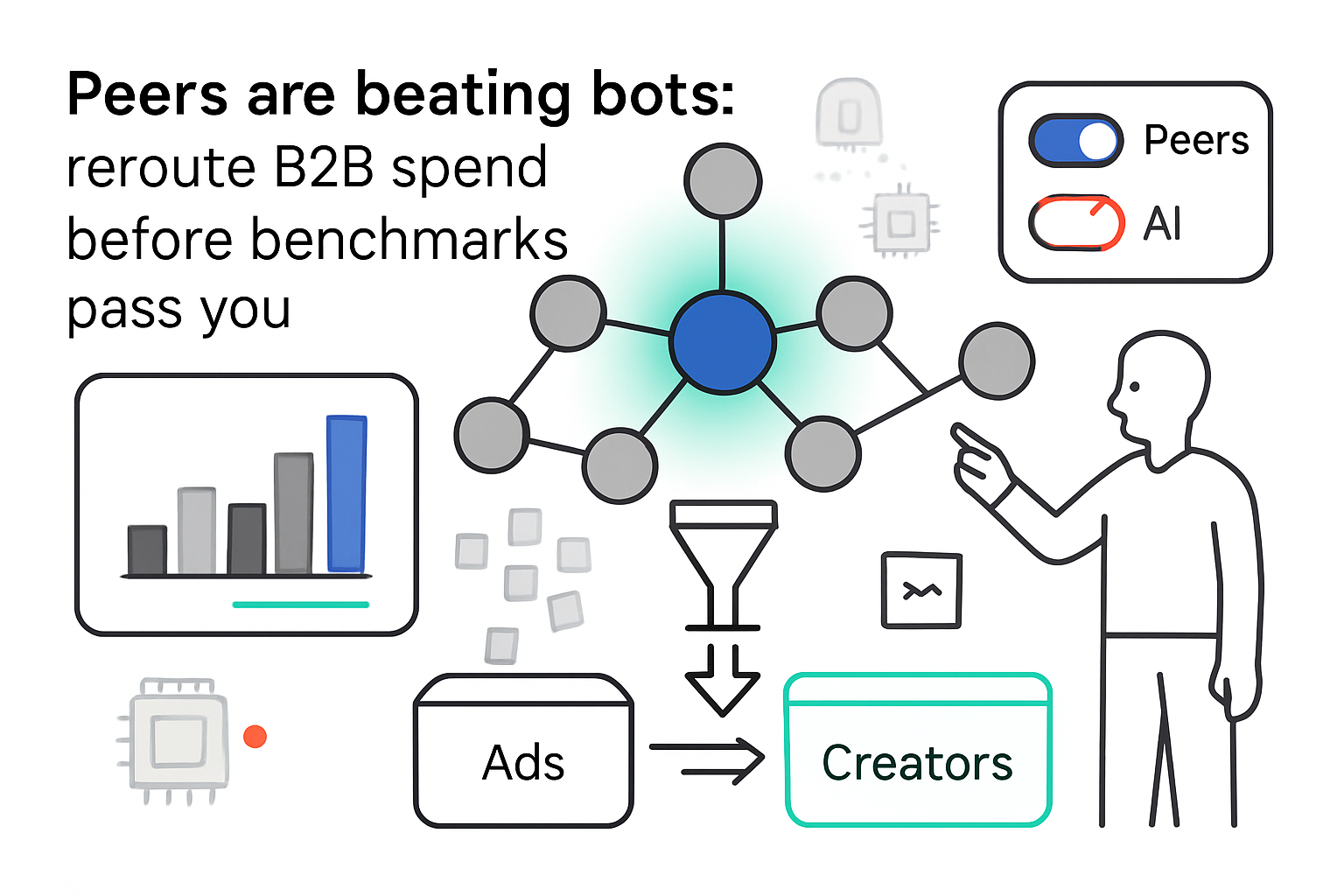 Central peer network with highlighted node report panel peers toggle funnel rerouting budget to creators