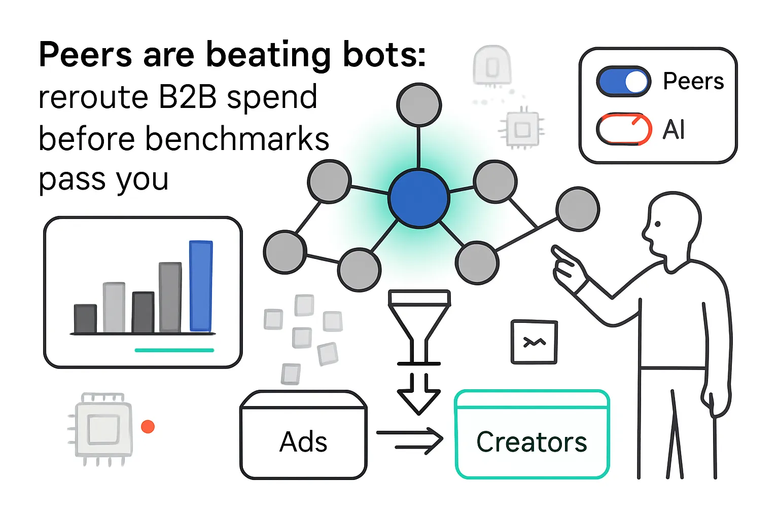 Central peer network with highlighted node report panel peers toggle funnel rerouting budget to creators