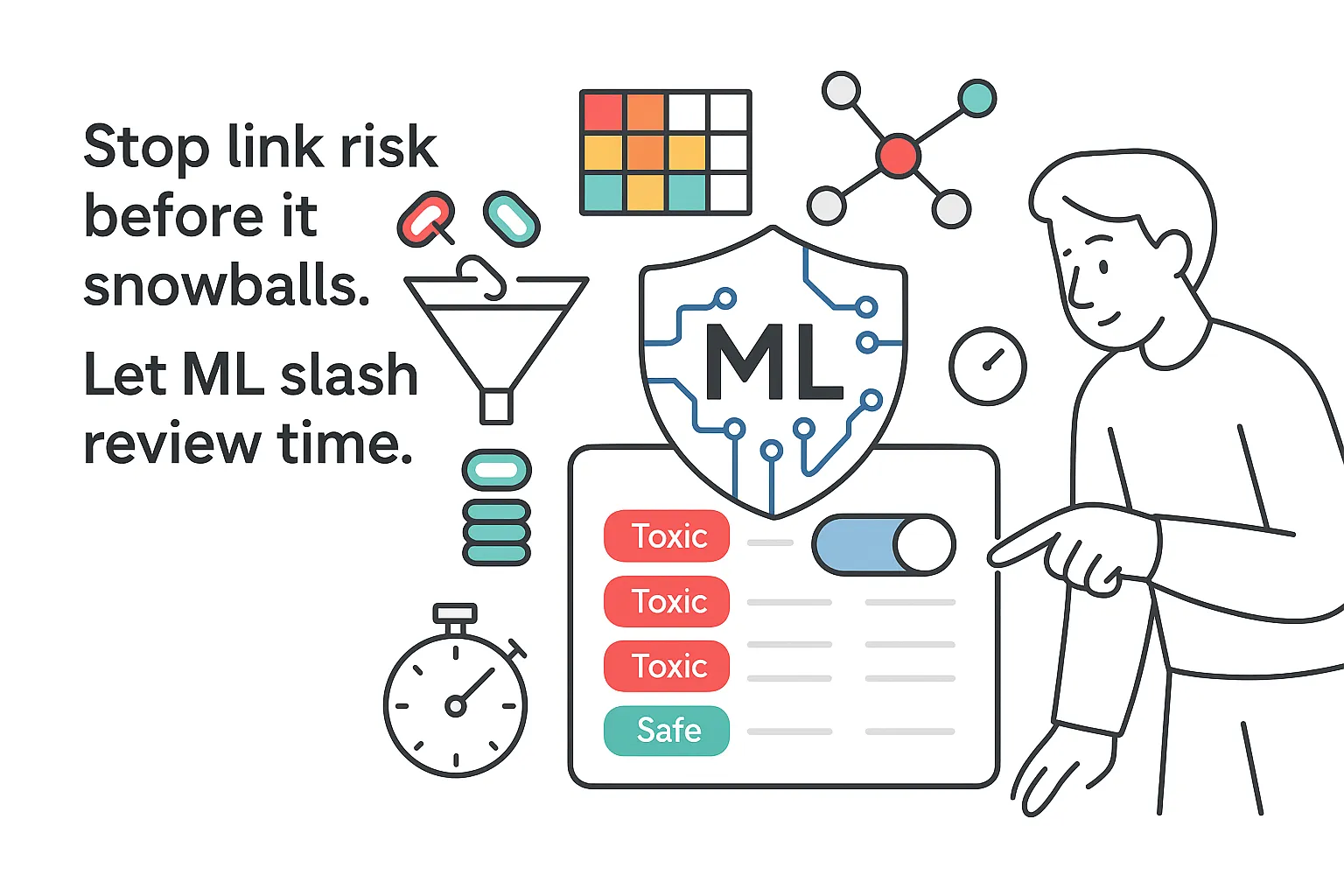 Machine learning shield protecting audit panel with risk heatmap and node graph illustration
