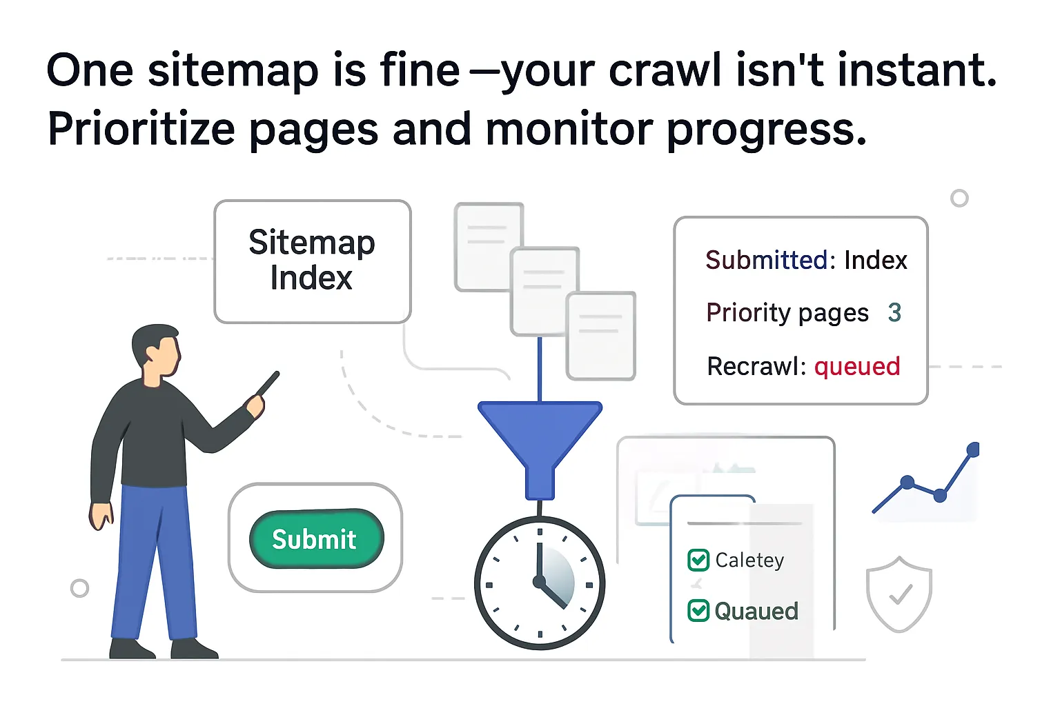 Minimalist sitemap index illustration with human submitting and monitoring queued recrawl and priority checks