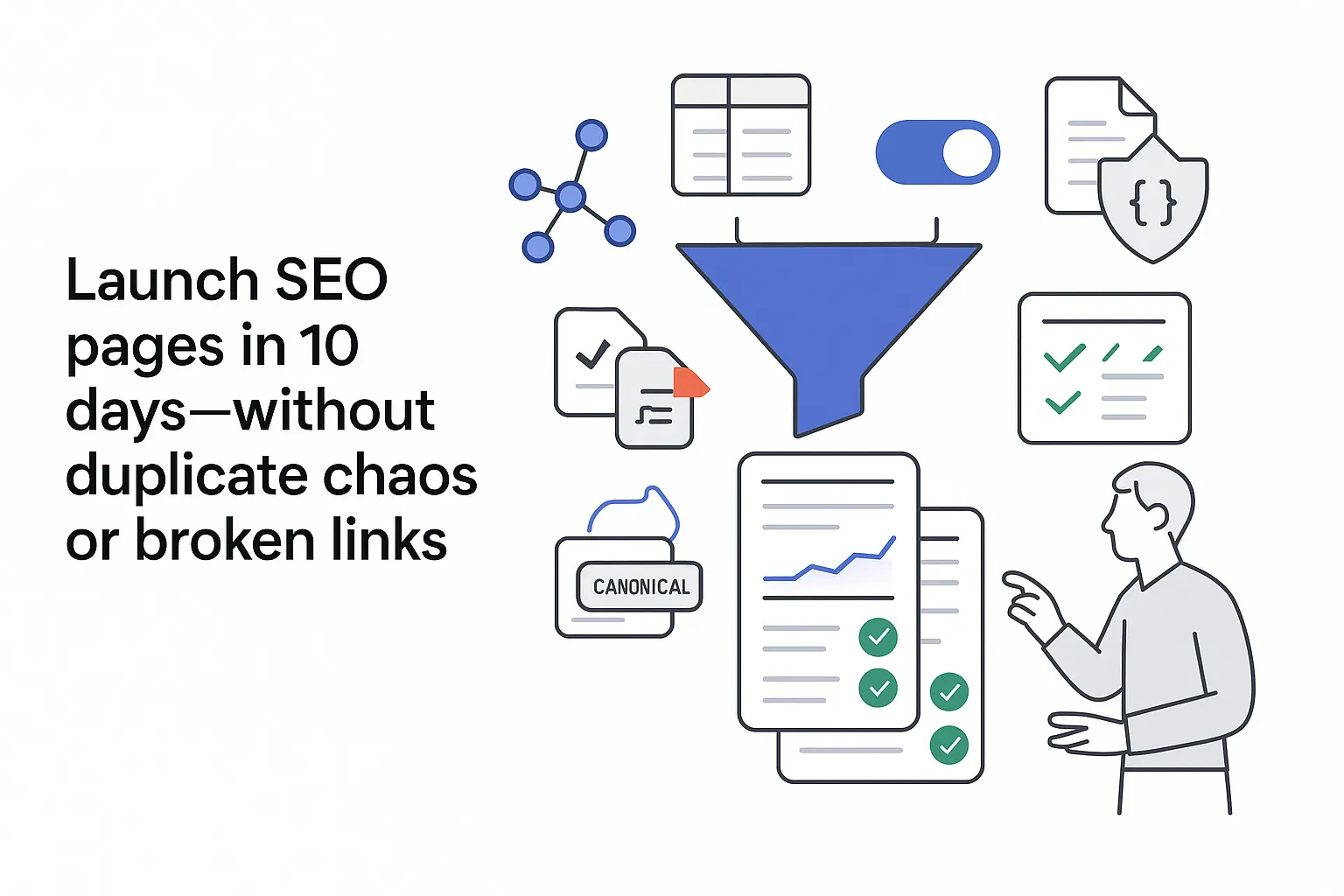 Automation funnel transforming spreadsheet into polished page cards with quality guardrails and controls enabled