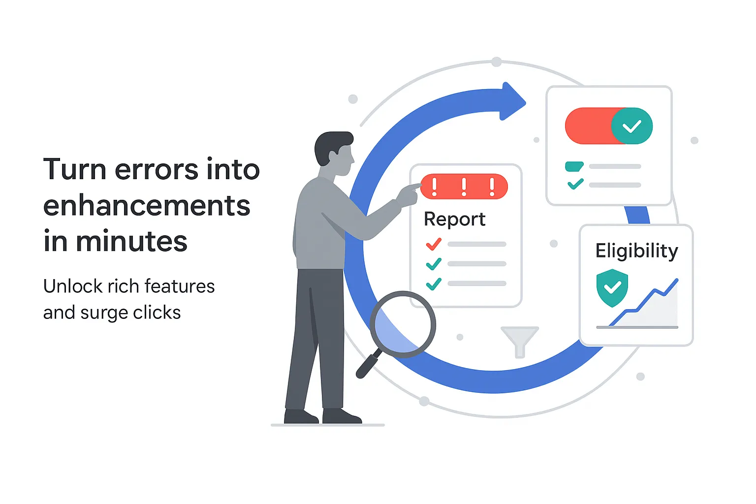 Results loop illustration with report card toggle switch and eligibility chart and human character