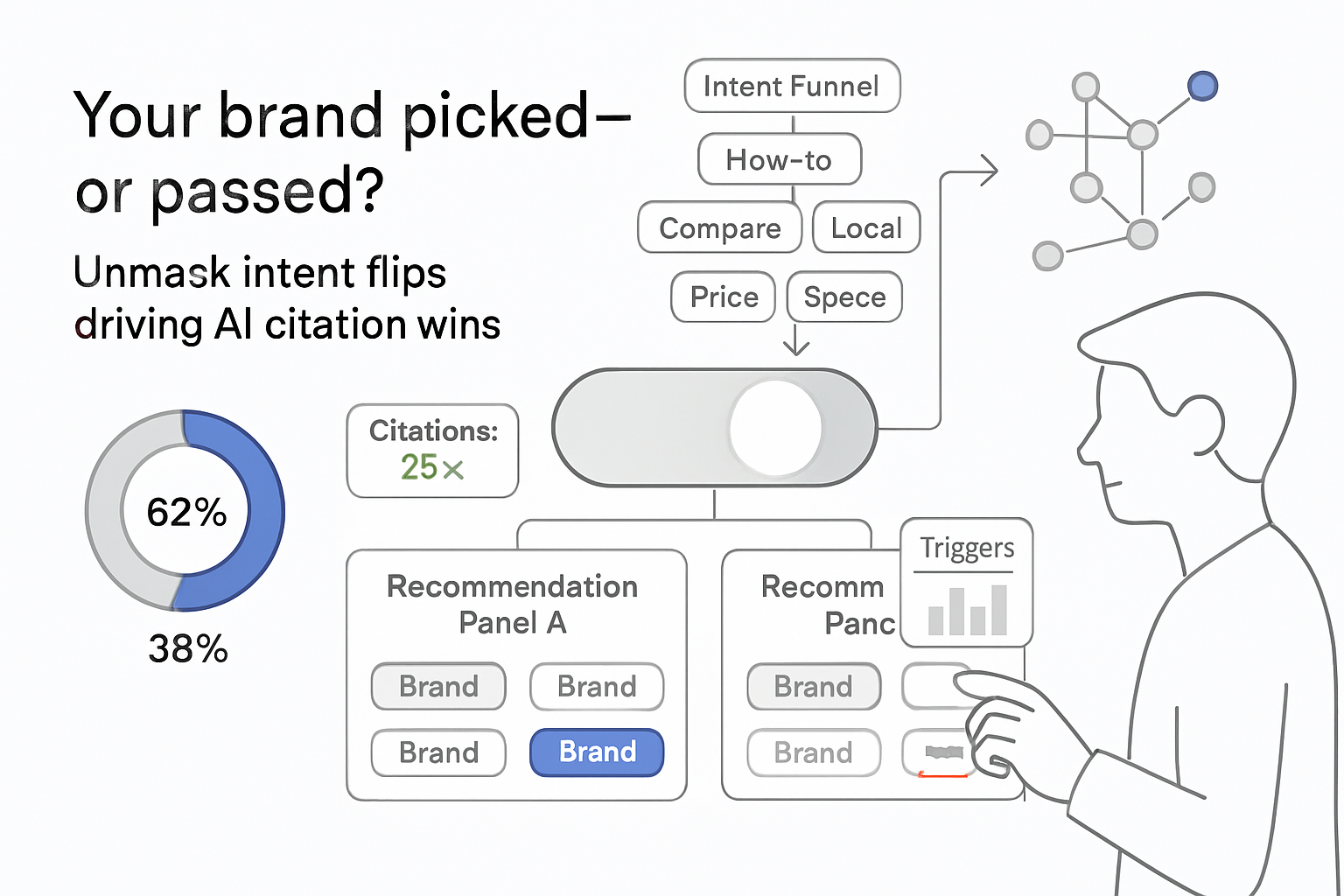 Minimalist tech illustration split toggle routing intent funnel chips to recommendation panels A and B