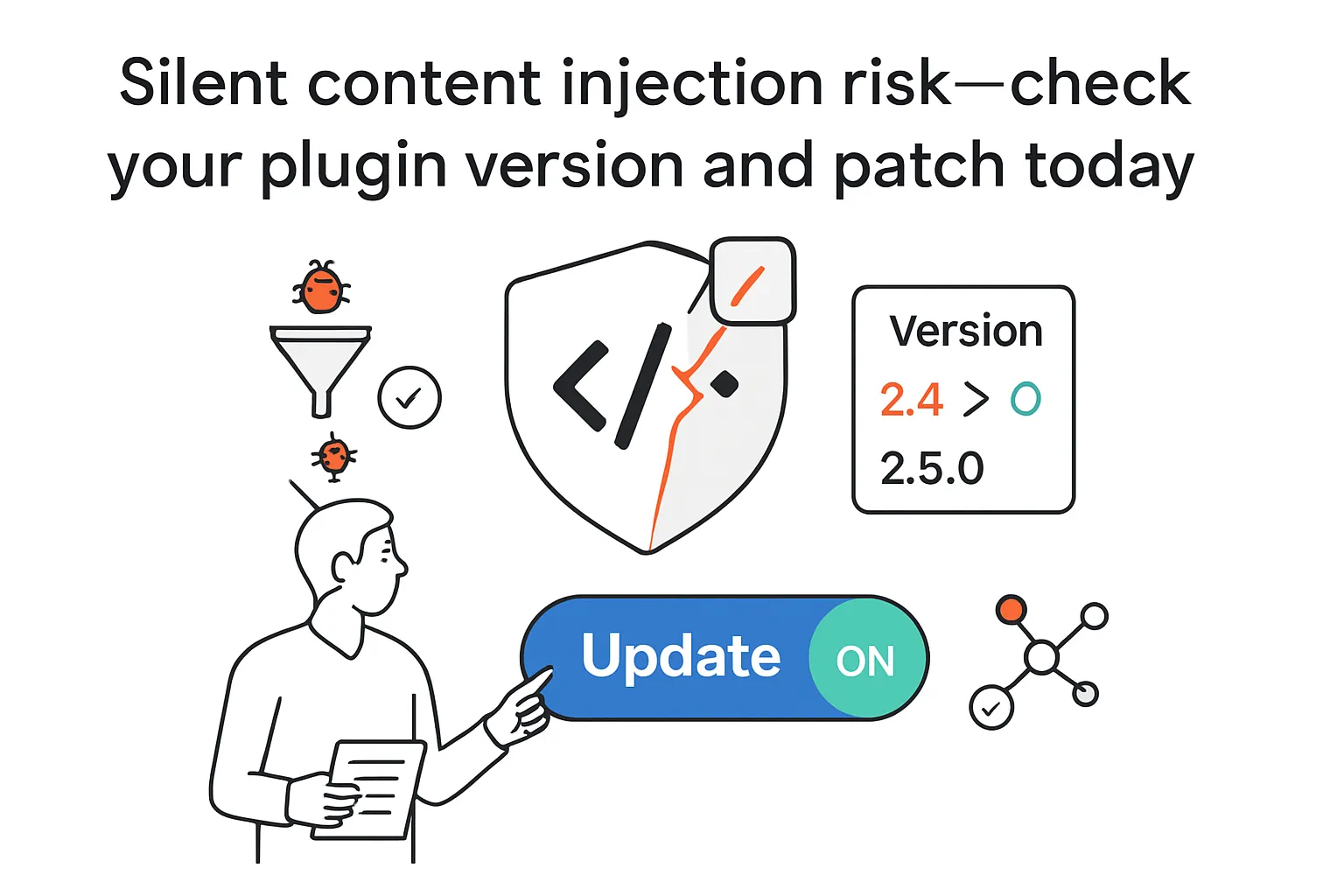 Minimalist tech illustration showing code panel cracked shield plugin injection version update toggle