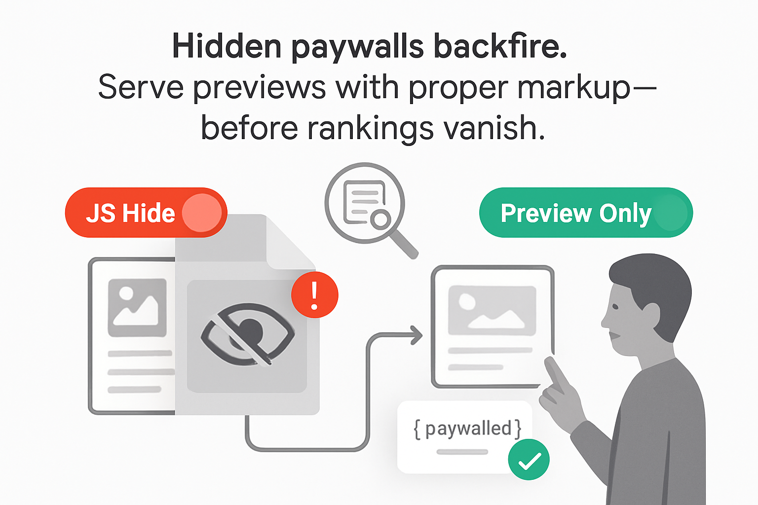 Illustration showing hidden paywalls with js hide toggled and preview only using structured data