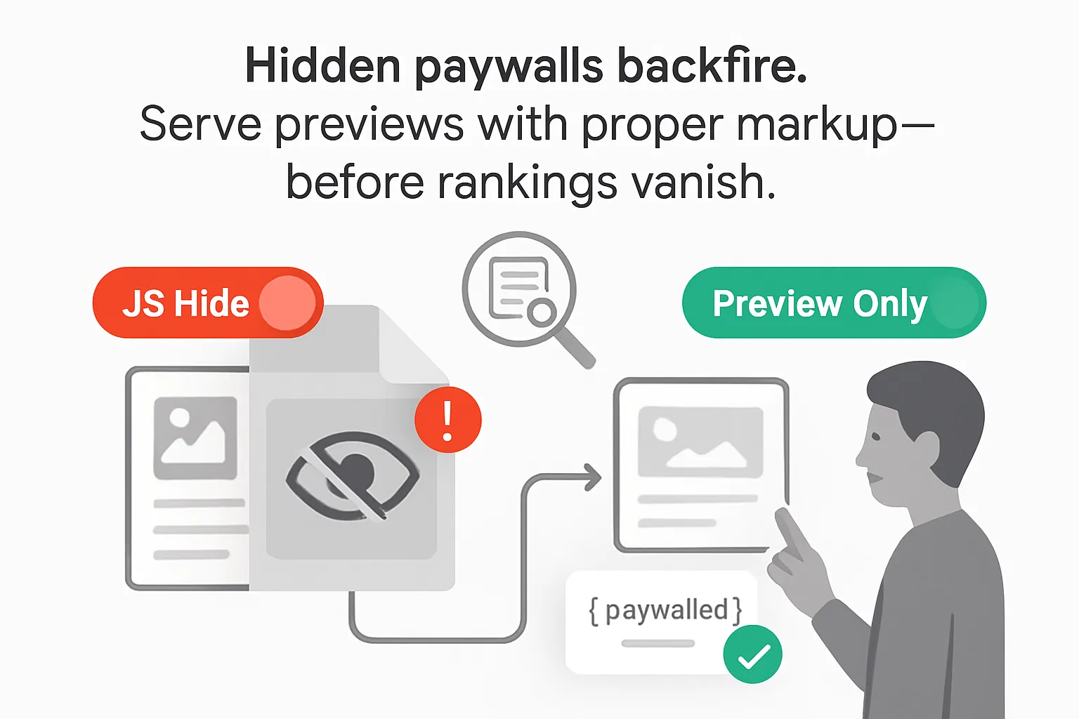 Illustration showing hidden paywalls with js hide toggled and preview only using structured data