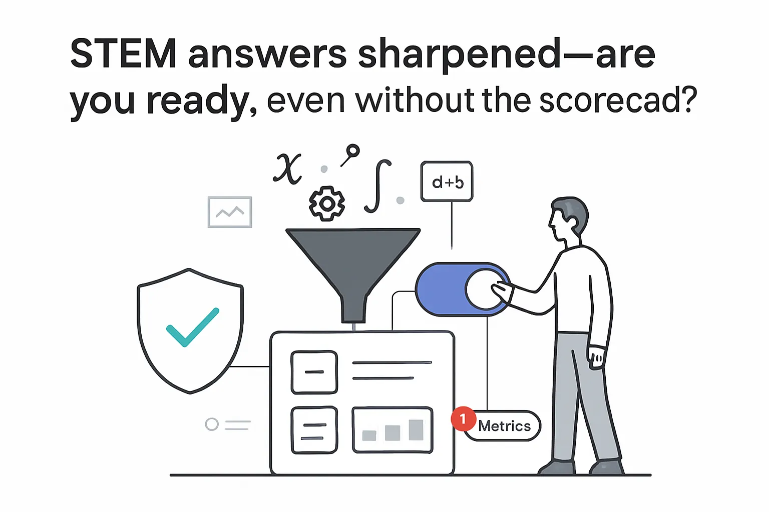 Minimalist tech illustration funnel collecting STEM symbols producing compact report panel shield check toggle