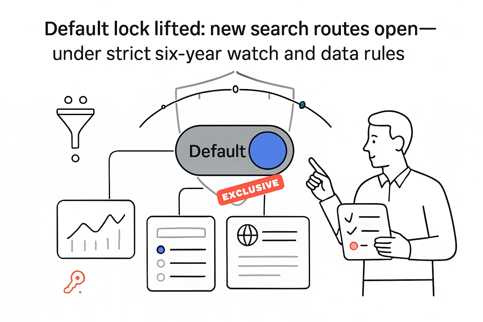 Default toggle off splitting data to three panels shielded by six year timeline person pointing