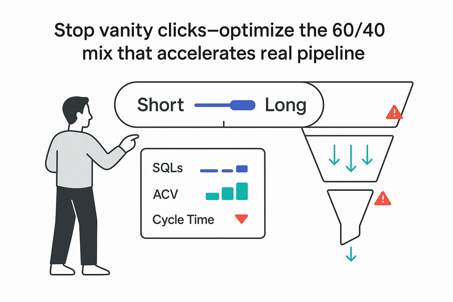 Person adjusting slider toggle with report panel and funnel visualization nearby optimizing pipeline mix