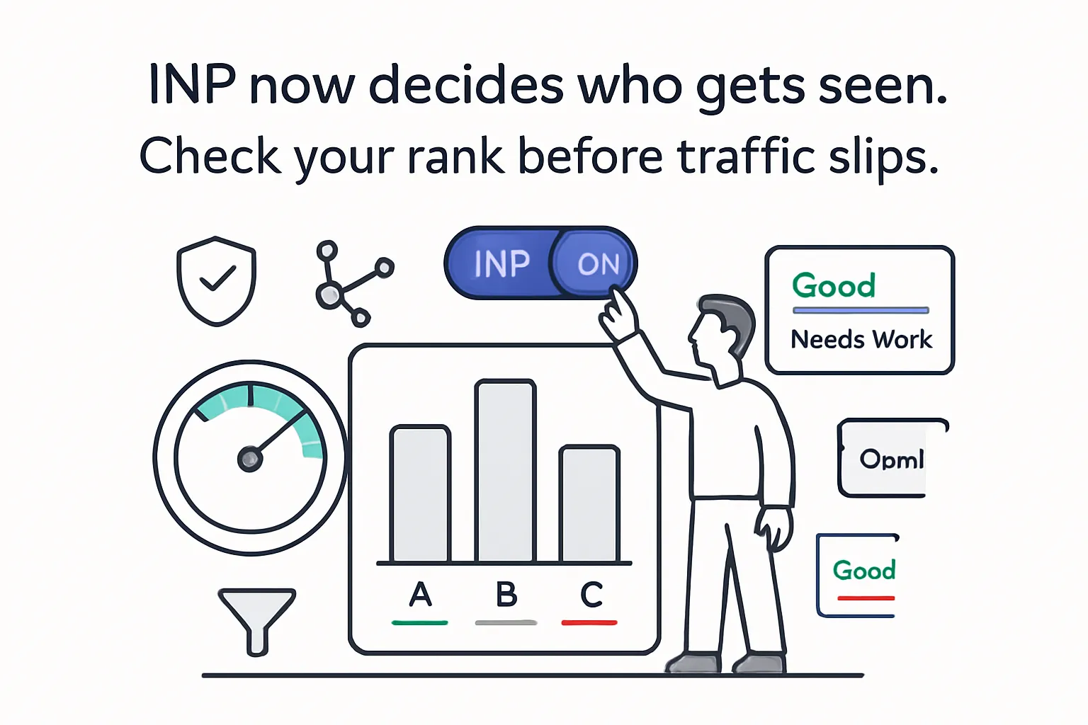 Minimalist leaderboard with INP toggle on responsiveness gauge report card and pointing figure