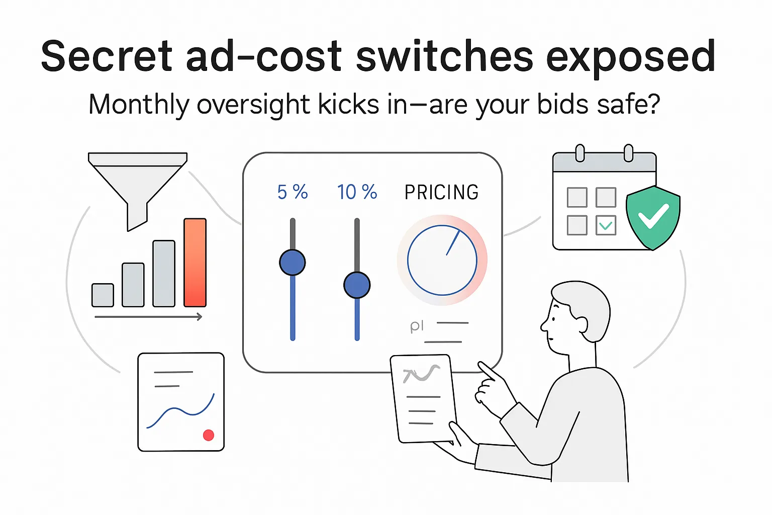 Minimalist console sliders 5 10 15 red knob funnel alert barchart calendar shield checklist person