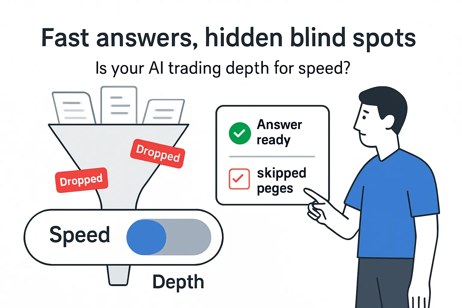 Minimalist tech illustration of AI speed versus depth toggle funnel dropping cards report person pointing