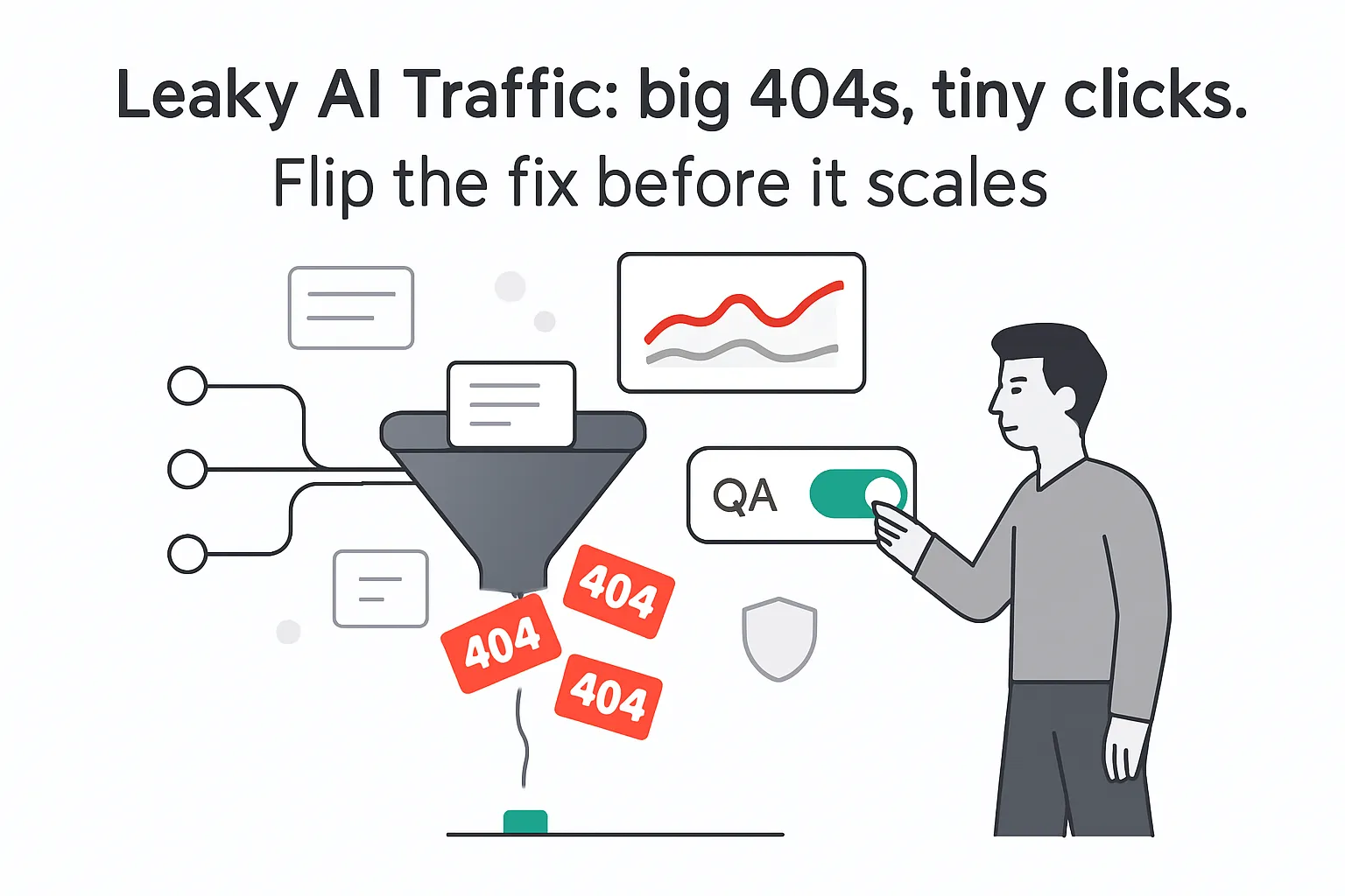 Leaky AI traffic funnel with red 404 badges QA toggle and human fixing issue