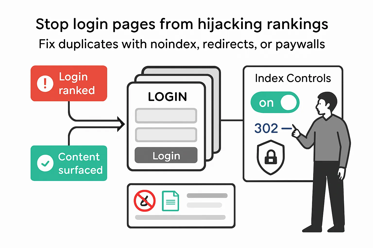 Minimalist illustration showing login duplicates affecting SEO with noindex redirects and paywall controls