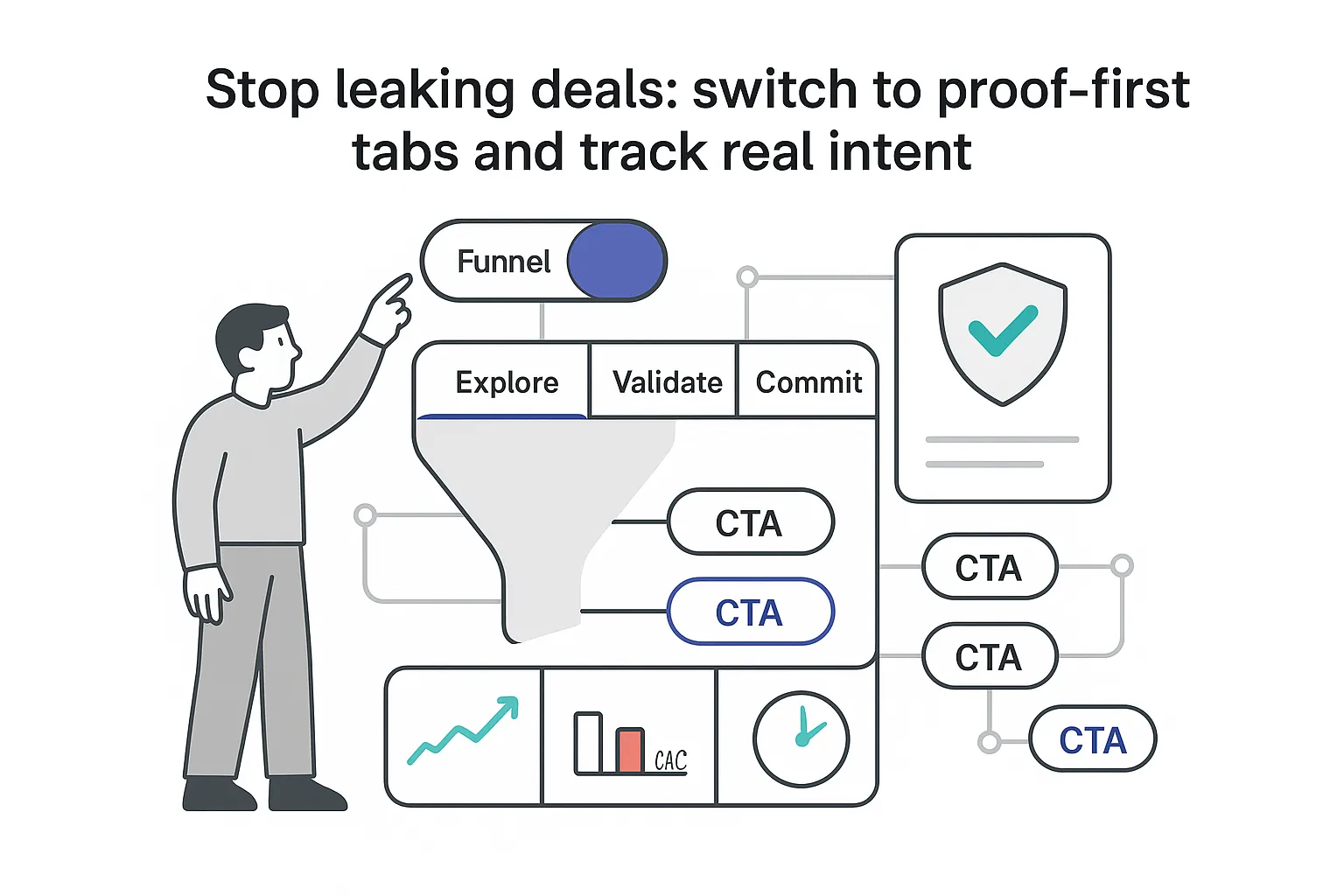 Minimalist tech illustration showing funnel morphing into three tabs toggle proof panel KPI CTA character
